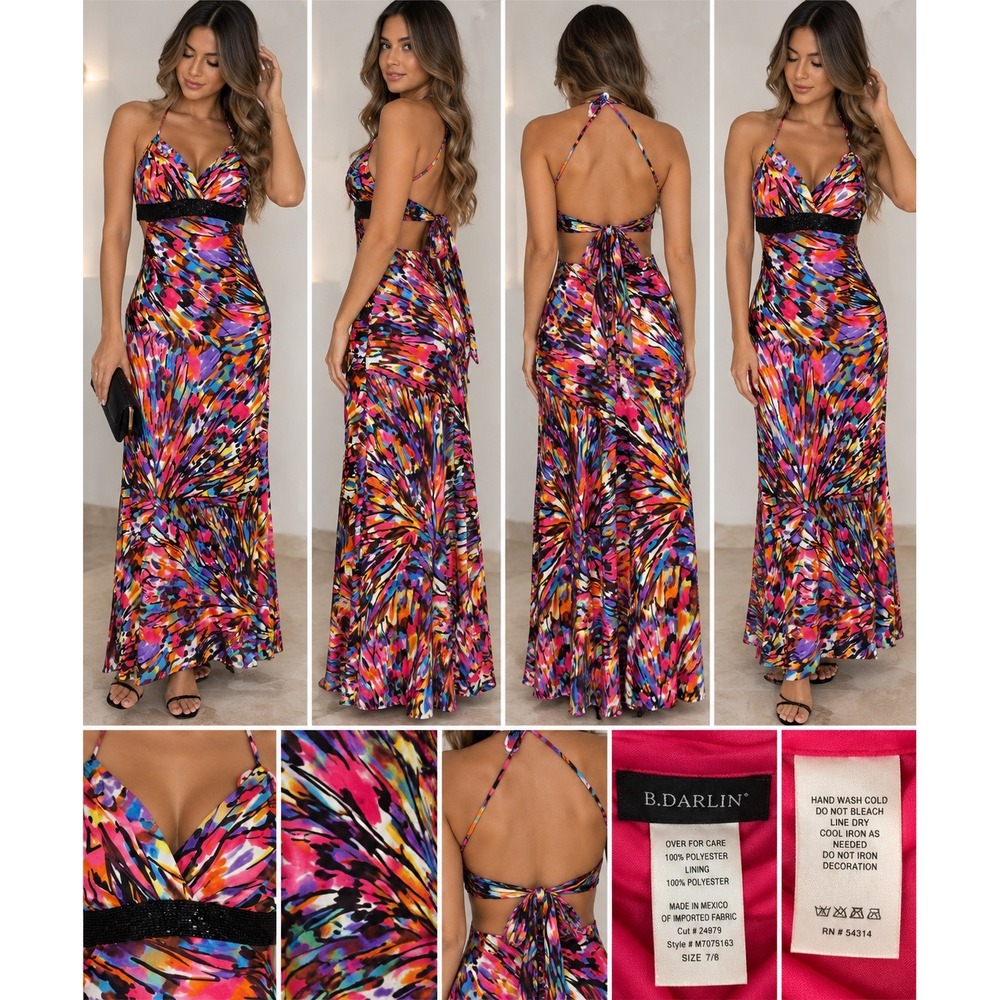 Vintage Y2K B. Darlin 7/8 Multicolor Abstract Halter Beaded Maxi Prom Dress
